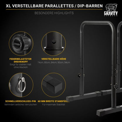 Gravity Fitness Dip Bars XL - Adjustable Parallettes for Calisthenics, Home Gym & Professional Use - 38mm handles for Dips, L-Sit, Push-Ups - sturdy bars for strength training