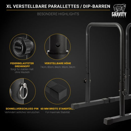 Gravity Fitness Dip Bars XL - Adjustable Parallettes for Calisthenics, Home Gym & Professional Use - 38mm handles for Dips, L-Sit, Push-Ups - sturdy bars for strength training