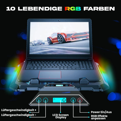 KLIM V8 Gaming Laptop Cooling Pad with 8 fans - New - Gaming Laptop Cooler - Stable RGB Notebook Stand with fans - Compatible up to 17" - 2 USB Ports - Phone holder - 5 years protection