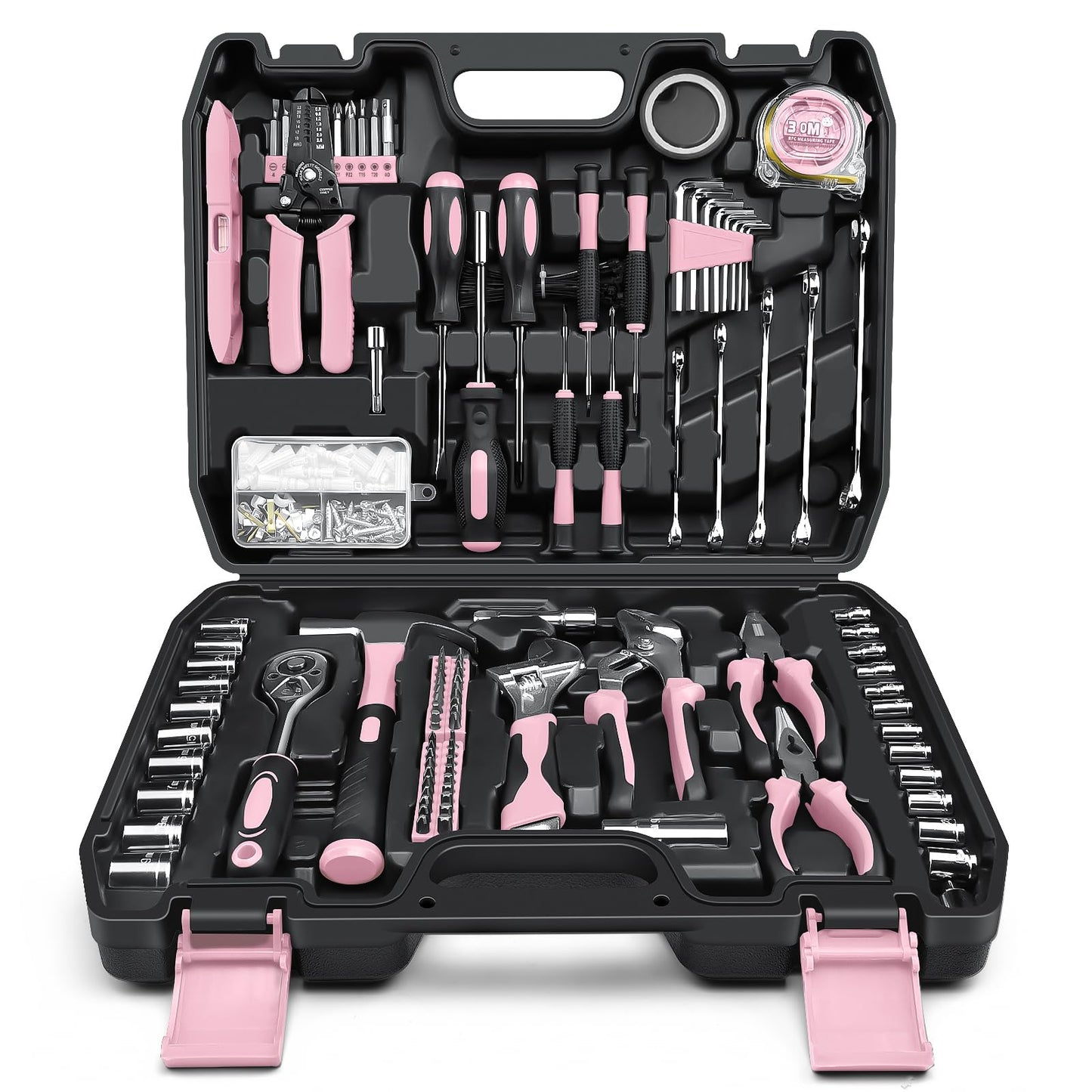 Sundpey Tool Box Filled 281pcs - Portable Complete Tool Sets Tool Box with Socket Set Screwdriver Set Metric Allen Wrench Pliers Tool Case Pink
