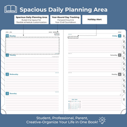 IN-LUXPRO Calendar 2025 2026 Weekly Planner, A4 (29 x 21.7cm), 18-Month Book Calendar (Jul.2025-Dec.2026) Ring binder with softcover, weekly calendar with self-adhesive pen holder, Navy Blue.