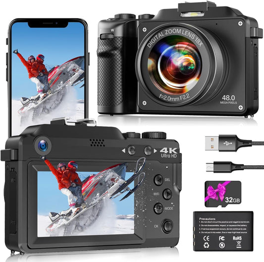 Digital Camera 4K 48MP Compact Digital Camera for Photography, Vlogging Camera with free 32GB SD card, 18X digital zoom, dual-lens selfie function.