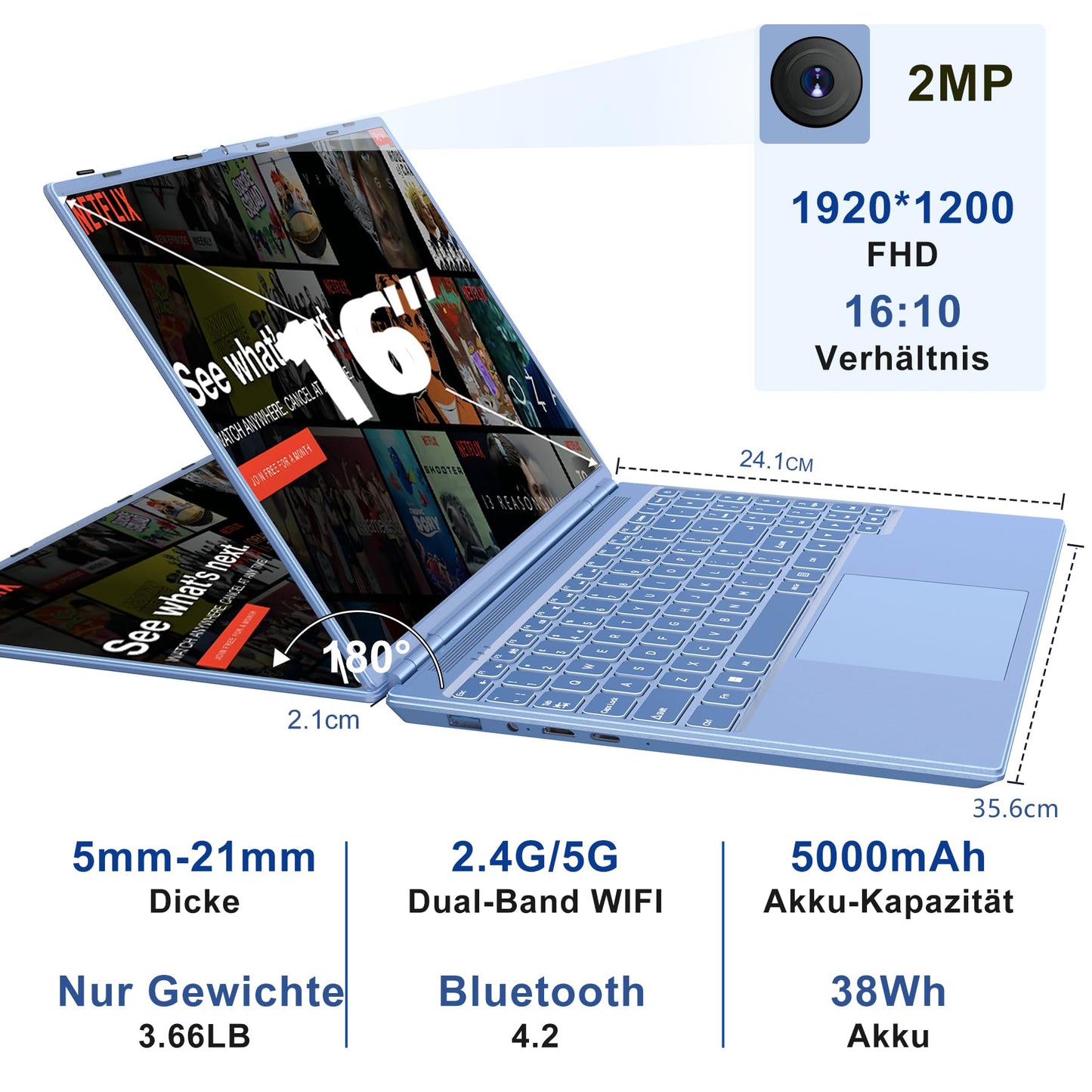 AOCWEI Laptop 16 inch 12GB RAM 512GB ROM Expandable 2.5" 1TB SSD, Laptop Win 11 with 4-Core CPU N5095 (up to 2.9 GHz), 1920 * 1200丨5G WiFi丨Bluetooth & German Keyboard Stickers-Blue