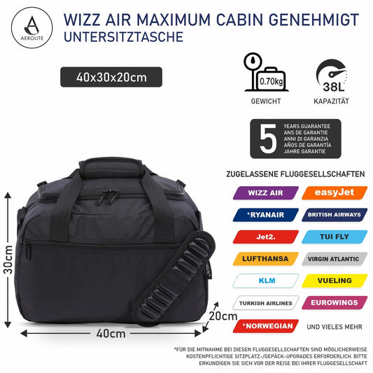 Aerolite 40x30x20cm Ryanair and Wizz Air Maximum Size Under Seat Cabin Bag, Foldable Premium Carry-On Bag, Small Lightweight Ryanair Carry-On Bag 40x30x20, Black