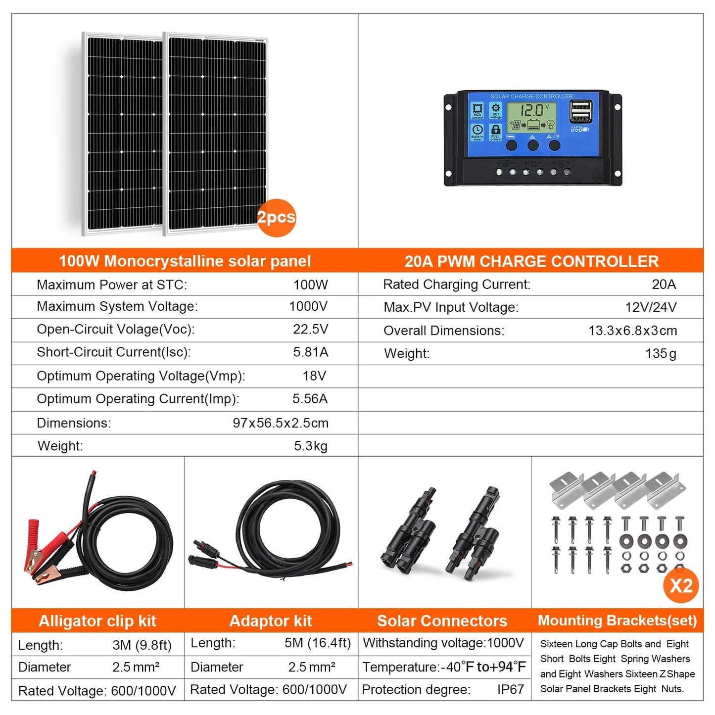 DOKIO Solar Panel 100W 2PCS (200W) 18V Monocrystalline (High Efficiency) For 12V Car Battery, AGM, Gel Battery ideal for RV, Camping, Garden House