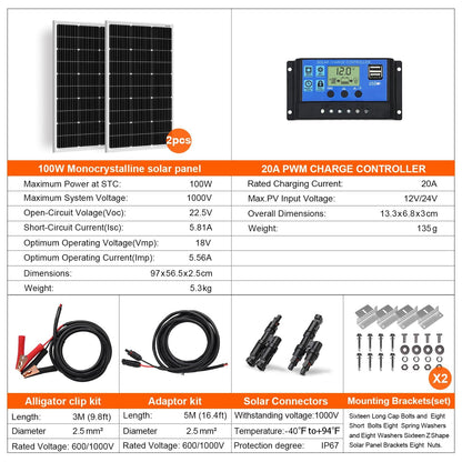 DOKIO Solar Panel 100W 2PCS (200W) 18V Monocrystalline (High Efficiency) For 12V Car Battery, AGM, Gel Battery ideal for RV, Camping, Garden House