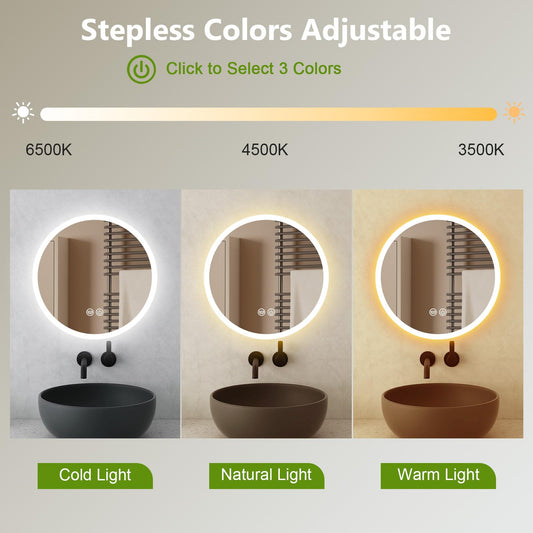 Trintion 70cm Round LED Mirror with Lighting, Touch Switch, Dimmable, 3 Color Adjustable Fog-Free Bathroom Mirror with Lighting (50cm)