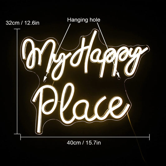 My happy place neon sign. Warm white neon sign for wall decor. Neon light script with USB powered for bedroom, playroom, bar, party, birthday.