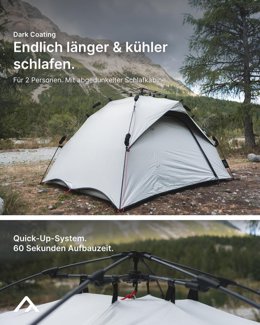 qeedo Quick Ash Dark Series seconds tent completely darkened inside, waterproof, light & robust - camping tent for 2 people, dome tent with small awning, mosquito net & quick setup system