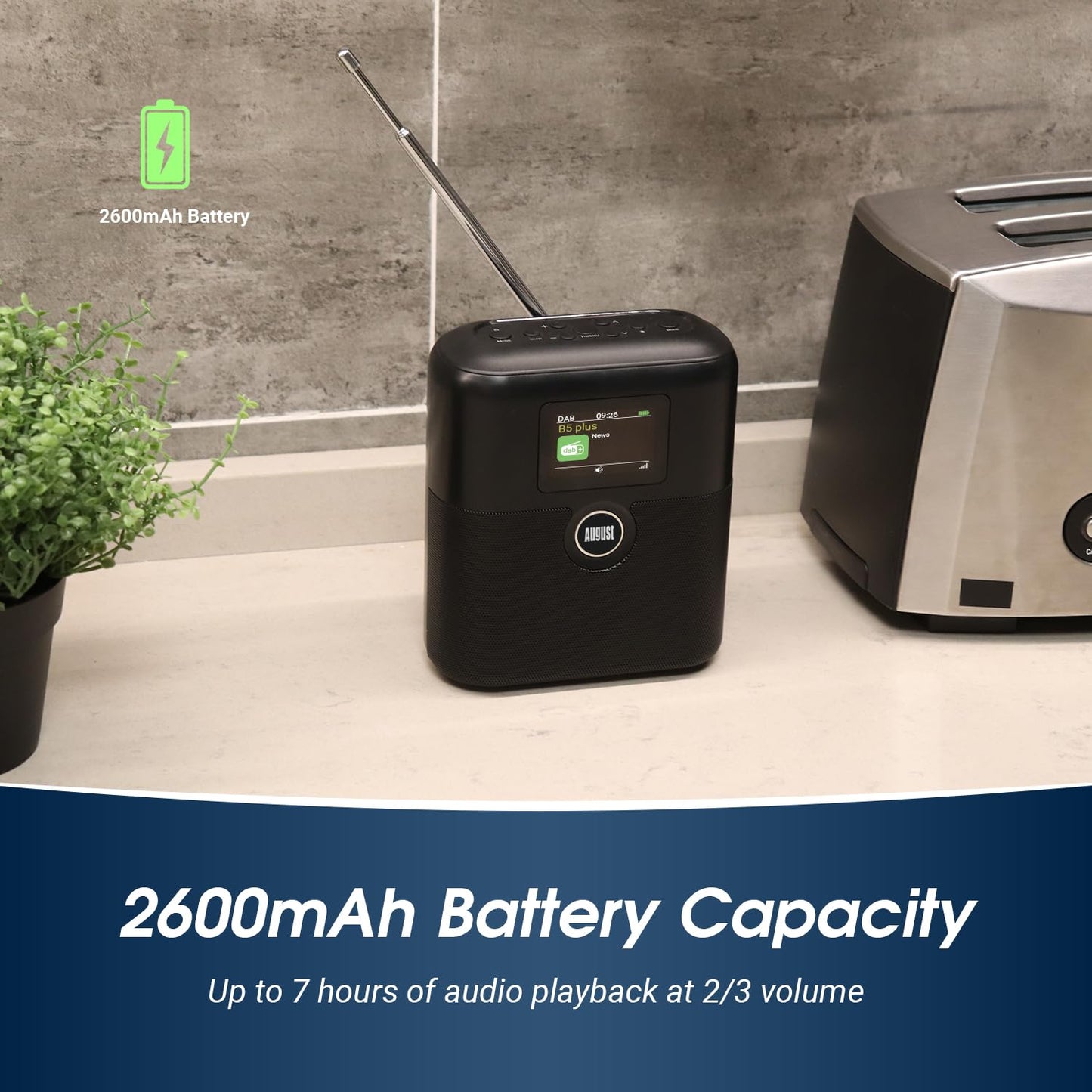 August MB330 Rechargeable DAB+/FM Radio with Bluetooth Speaker - portable clock radio with dual alarm, sleep timer, snooze, LCD color display, EQ, RDS, 60 presets. Digital radio with battery AUX-In/Out.