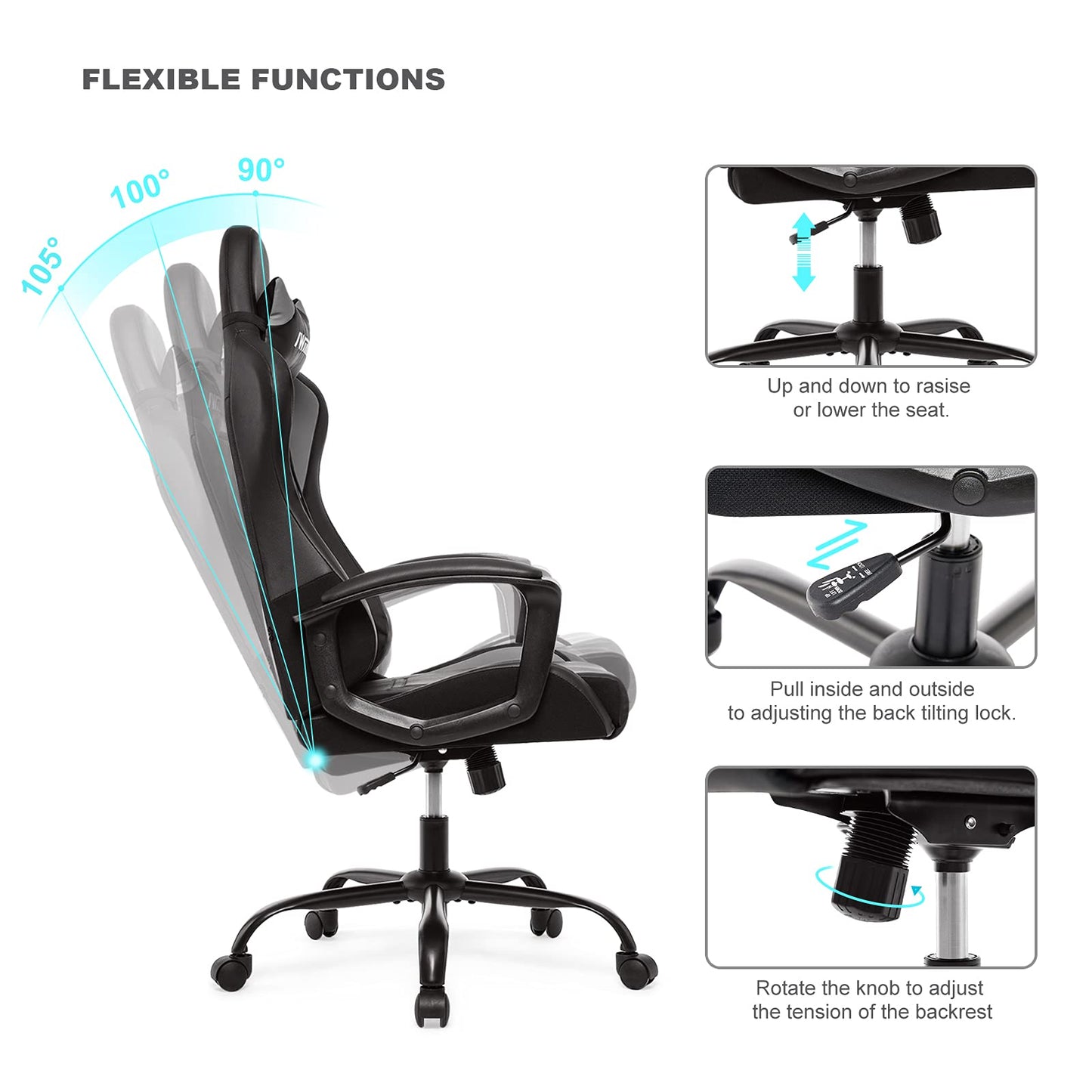 IWMH Gaming Chair, Ergonomic Computer Chair with High Backrest, Height Adjustable Swivel Chair, Racing Chair with Armrests, Adjustable Headrest and Lumbar Support (Gray)