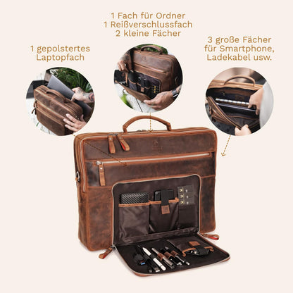 DONBOLSO Laptop Bag San Francisco - Brown Leather Shoulder Bag for Laptop and Tablet - High-quality Briefcase for Notebook up to 17 inches - Stylish Bag for Men and Women