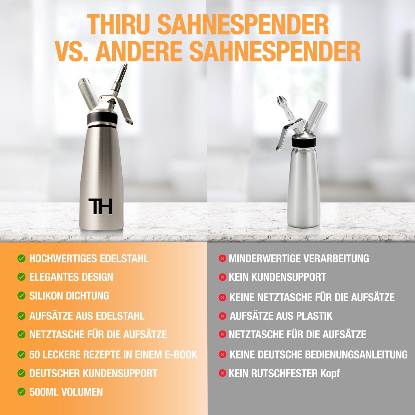 Thiru Cream Whipper incl. Stainless Steel Toolbox 500ml - Rating "excellent" - 100 days trial - Cream siphon with eBook & 5 stainless steel nozzles - Cream siphon for whipped cream, espuma & warm dishes.