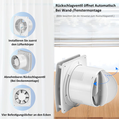 Moonjor 150mm exhaust fan kitchen, 240m³/h IPX2 Silent bathroom extractor window fan with check valve 1m EU power cord for bathroom, toilet, garage, office, attics