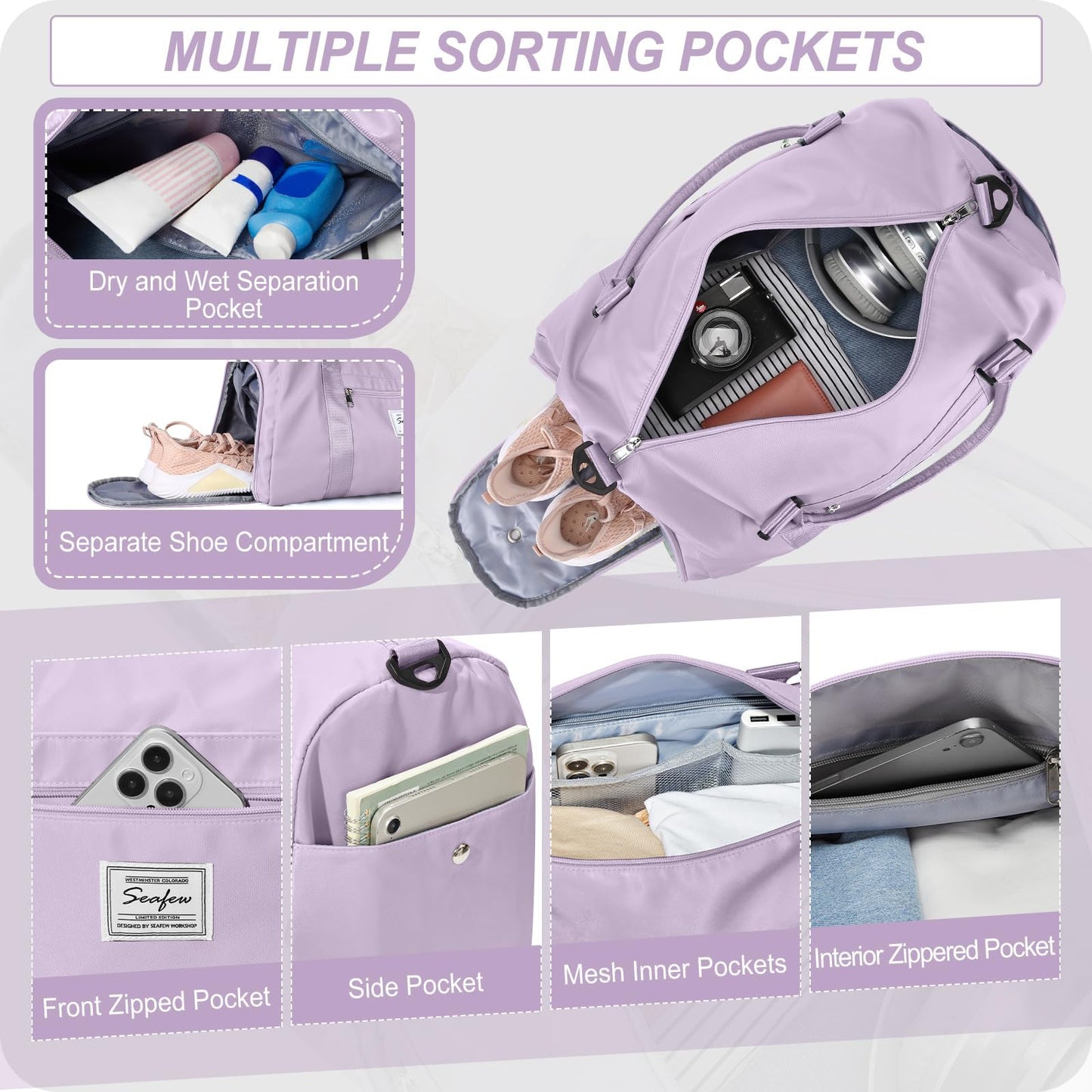 HYC00 Sport Duffel Bag for Women Men, Gym Bag with Wet Pocket & Shoe Compartment, Travel Duffel Bags Overnight Bag Travel Bag Carry on Luggage Fitness Bag Workout Bag Weekender Bag, Purple