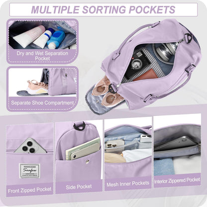 HYC00 Sport Duffel Bag for Women Men, Gym Bag with Wet Pocket & Shoe Compartment, Travel Duffel Bags Overnight Bag Travel Bag Carry on Luggage Fitness Bag Workout Bag Weekender Bag, Purple