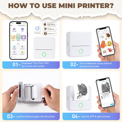 PRAOAHEI Mini Printer, Portable Photo Printer with 10 rolls of printing paper, Bluetooth label printer, thermal printer for notes, photos, journals, DIY, compatible with iOS and Android (White)
