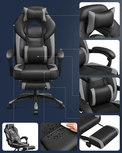 SONGMICS Gaming Chair, Office Chair with Footrest, Desk Chair, ergonomic design, adjustable headrest, lumbar support, up to 150 kg capacity, black-grey OBG77BGG
