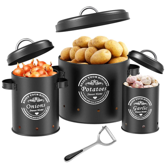 rokrust Potato storage box, onion pot, large metal storage container, kitchen, can store potatoes for a long time (Black)