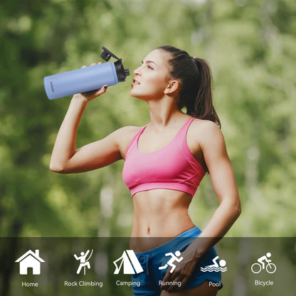 MURBONE Stainless Steel Water Bottle 750ml (+2 lids) with Straw, BPA Free, Leak-proof Thermos, Carbonation Compatible, Vacuum Insulated Double Wall for Sports, Travel, Camping (4-pack)