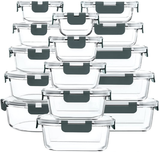 MCIRCO Glass Food Storage Containers 30 Pack [15 containers + 15 lids] - Glass canisters - Clear lids - BPA free - for home kitchen or restaurant
