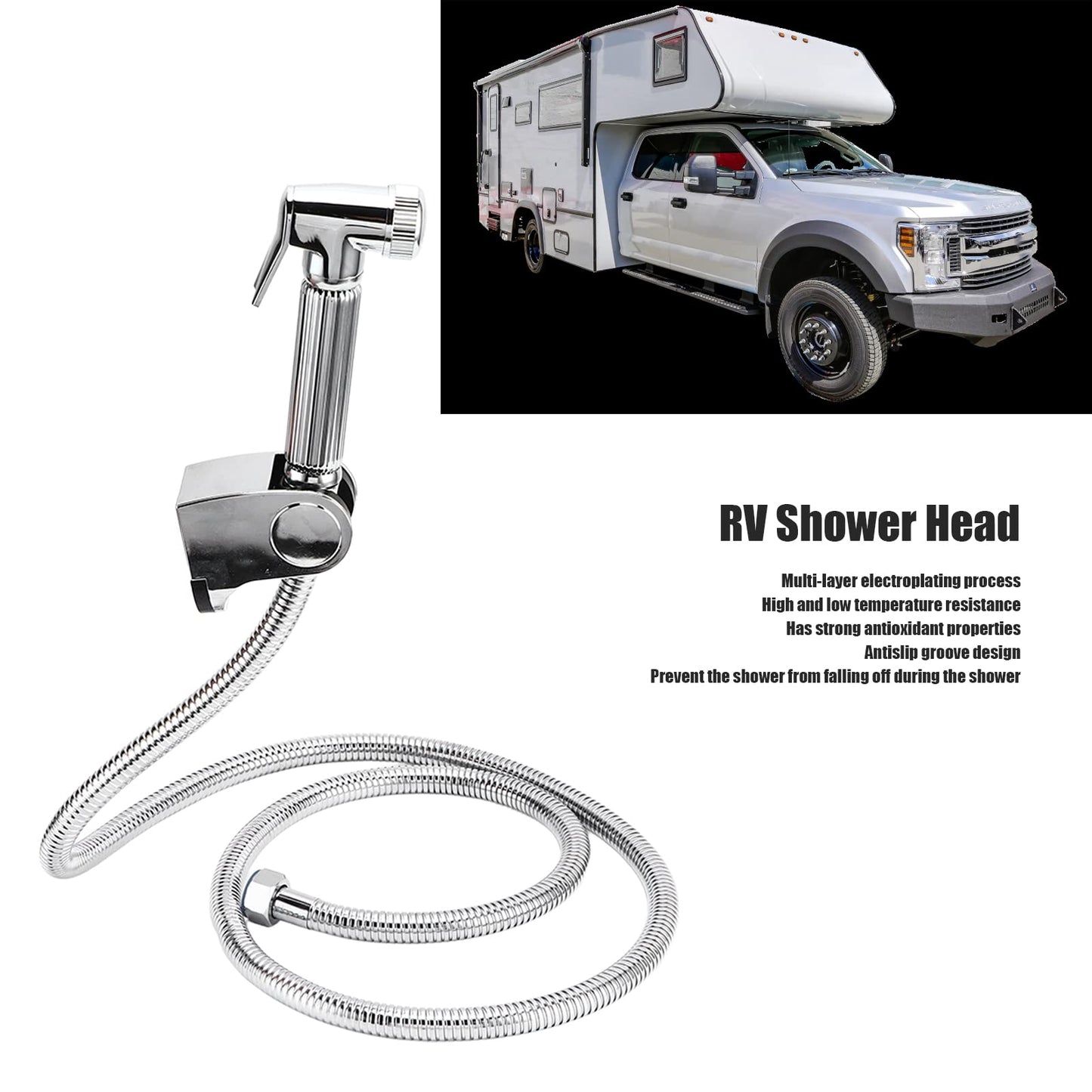RV Shower Head Kit, water-saving high-pressure shower head with waterproof copper camping shower, 1.5m hose, and bracket for caravan yacht camper.