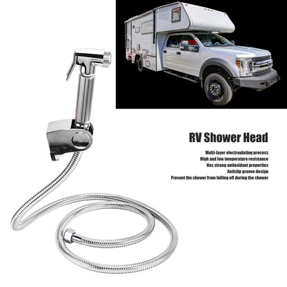 RV Shower Head Kit, water-saving high-pressure shower head with waterproof copper camping shower, 1.5m hose, and bracket for caravan yacht camper.