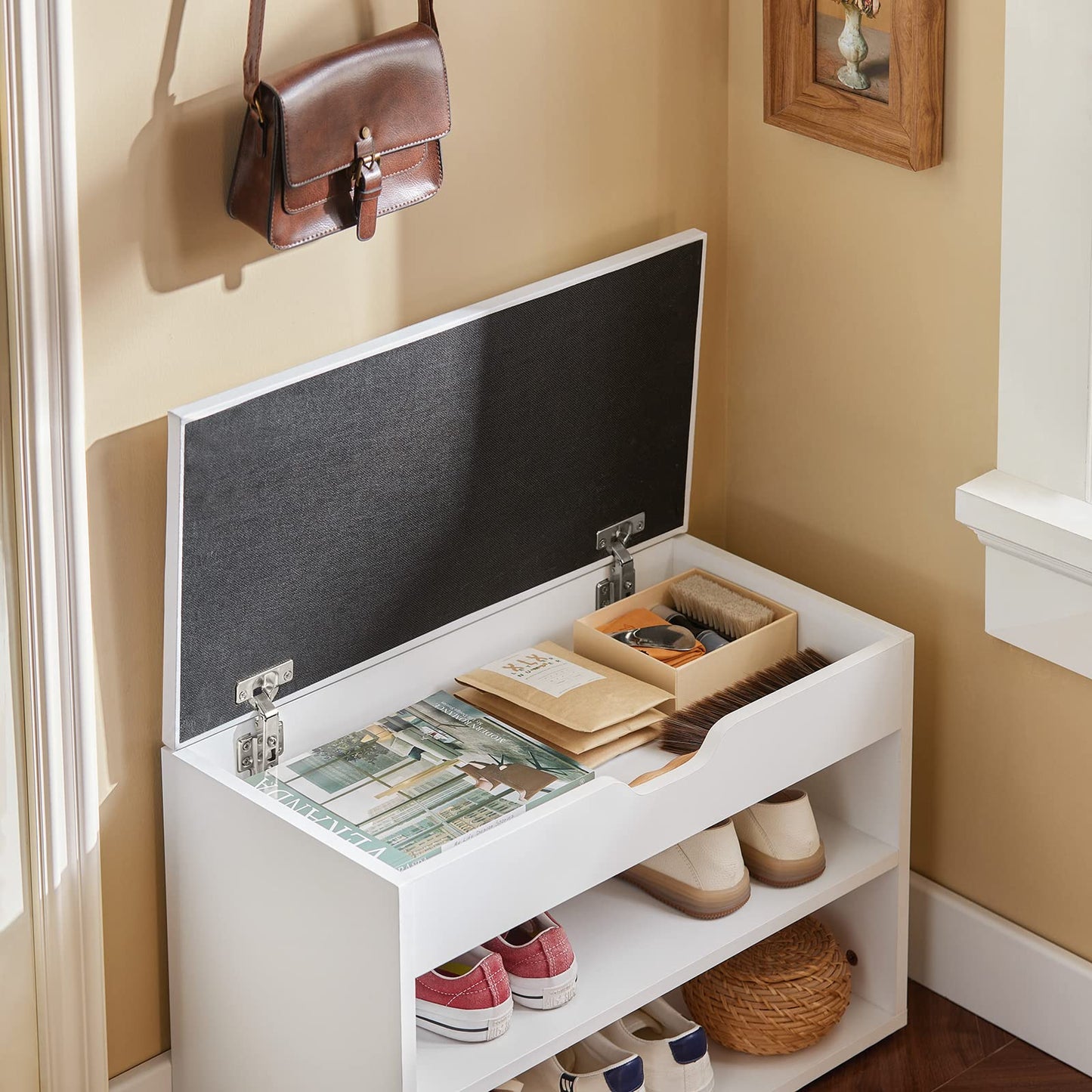 SoBuy Shoe Bench Shoe Rack with Seat and Storage Space, sturdy shoe box for hallway living room, space-saving, up to 120 kg load capacity, white 60x30x44 cm FSR25-W