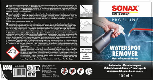 SONAX PROFILINE Waterspot Remover (1 Liter) is a water spot remover for dried lime/water spots on all exterior vehicle surfaces, Item No. 02753000.