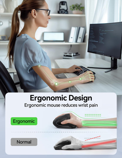 TECKNET Rechargeable Ergonomic Wireless Mouse, 2.4G Optical Vertical Mouse, 5 Adjustable Levels up to 4800DPI, Quiet Wireless Vertical Mouse with 6 Buttons for Laptop, PC, Windows, Mac OS