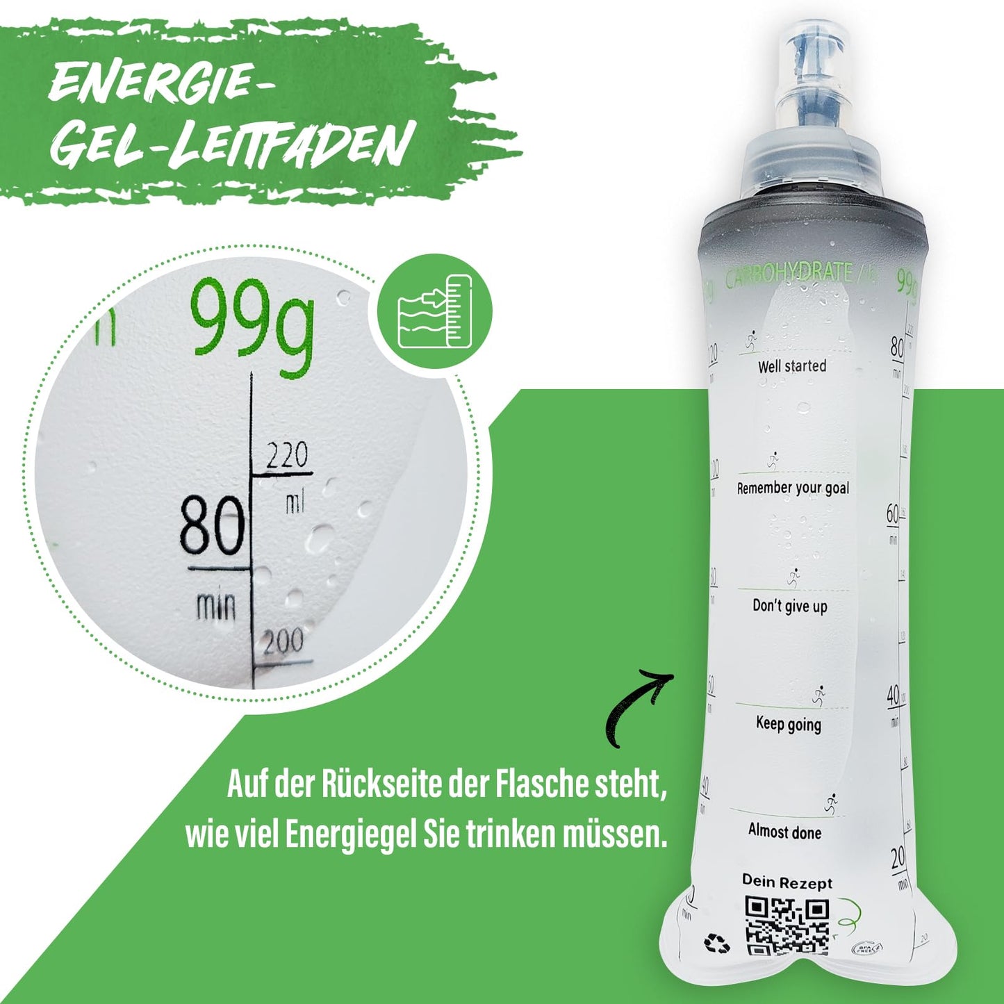 RACEPACE RaceFuel foldable 500ml drinking bottle gel bottle, Soft Flask BPA-free, with RaceFuel Energy Gel recipe QR code, perfect for running, marathon, triathlon, and cycling (2 pieces, 500ml)