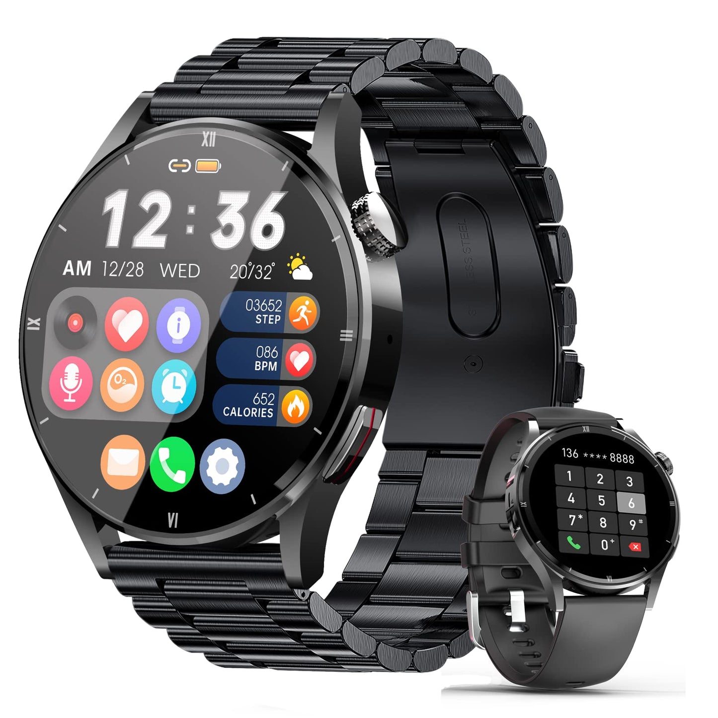 Smartwatch with phone function, 1.32 inch smartwatch for men with Bluetooth heart rate monitor, sleep tracker, calorie tracker, sports watch with voice assistant 360*360 HD touchscreen for iOS and Android.