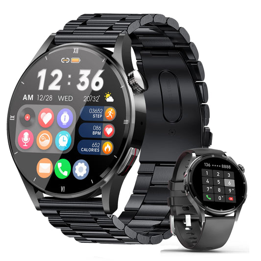 Smartwatch with phone function, 1.32 inch smartwatch for men with Bluetooth heart rate monitor, sleep tracker, calorie tracker, sports watch with voice assistant 360*360 HD touchscreen for iOS and Android.