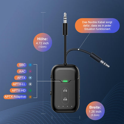 Comzler Bluetooth 5.0 adapter transmitter & receiver for airplane, Bluetooth splitter/receiver supports 2 AirPods or headphones with aptX Adaptive for TV, gym, tablets & stereo system.
