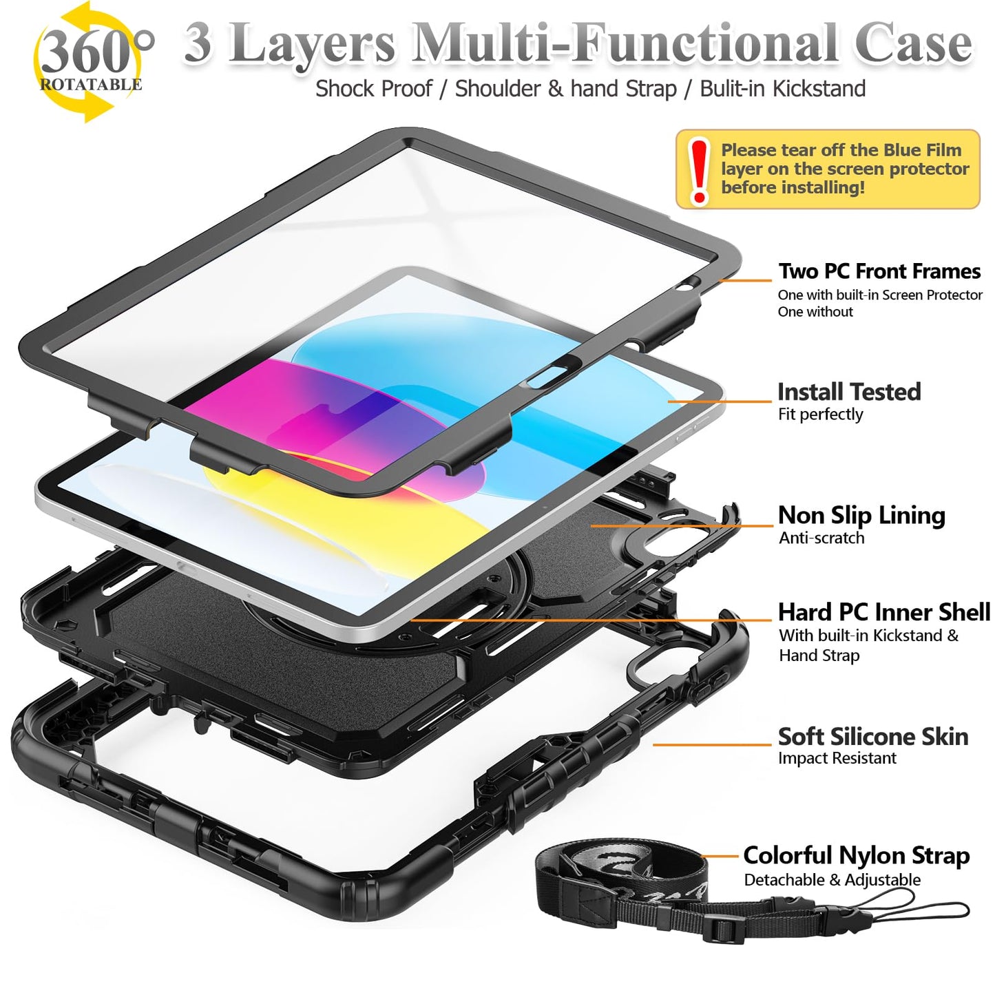 SEYMAC stock case for iPad A16 11th/10th Generation 11/10.9 Inch 2025/2022, Shockproof case with screen protector, 360 Rotating stand/hand strap, Pencil holder & Shoulder strap, Black