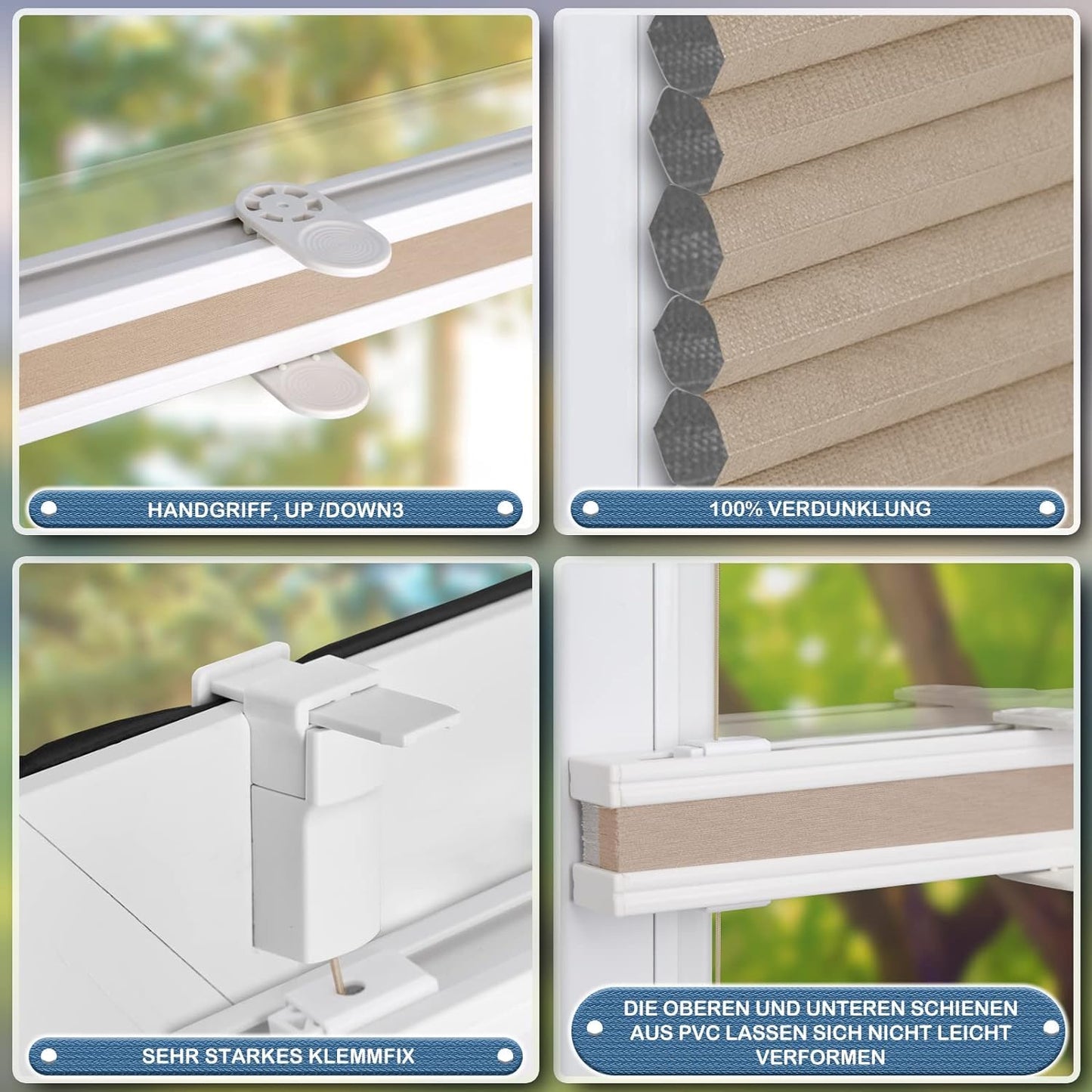 Grandekor blackout pleated honeycomb pleat without drilling White-Beige 65x110cm (WxH) Clamp Fix Pleated without drilling blackout thermal roller insulation, privacy - & sun protection