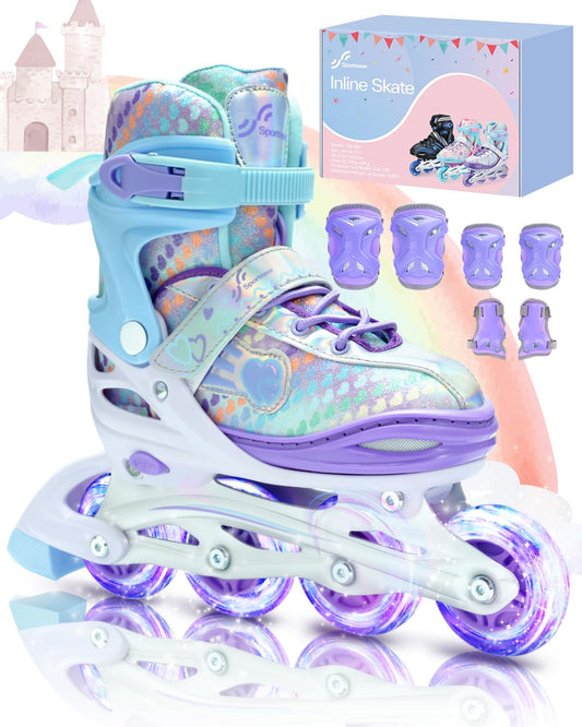 Adjustable inline skates for children sizes 34-41, Sportneer Inline Skates with 6-piece protective gear set for kids girls women, 8 LED light-up inline skates for kids rainbow series.