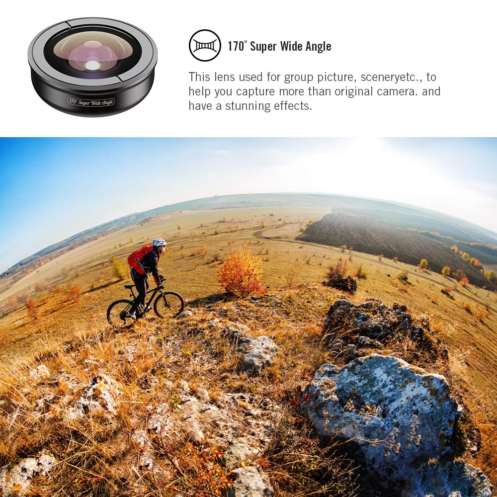 Apexel updated HD Phone Lens Kit-170° super wide angle, 10x macro lens, 2.0X telephoto lens, 110° wide angle, 195° fisheye lens for iPhone, Android, Samsung, and most phones.