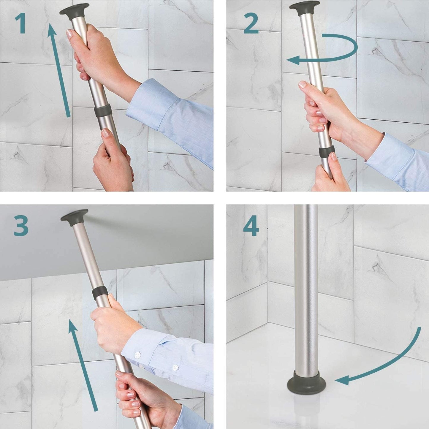 smartpeas telescopic shower caddy without drilling - 4 baskets - adjustable size from 76 to 280 cm - rubberized end caps - powder-coated steel with chrome finish + 2 adhesive hooks
