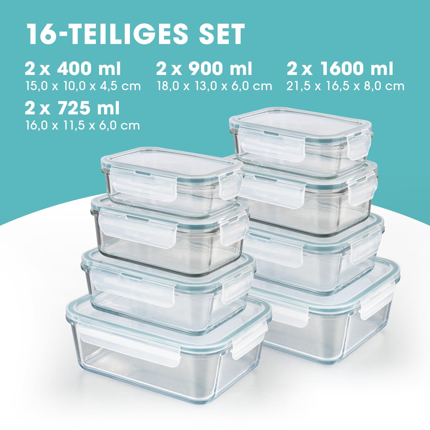 GOURMETmaxx Glass Storage Containers Klick-it 8-piece set | Perfect for sandwiches or meal prep | Dishwasher, microwave, and freezer safe | Storage box with lid