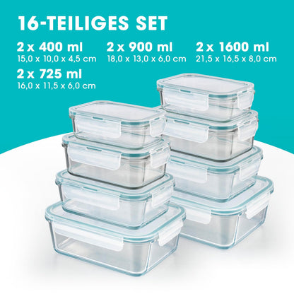 GOURMETmaxx Glass Storage Containers Klick-it 8-piece set | Perfect for sandwiches or meal prep | Dishwasher, microwave, and freezer safe | Storage box with lid