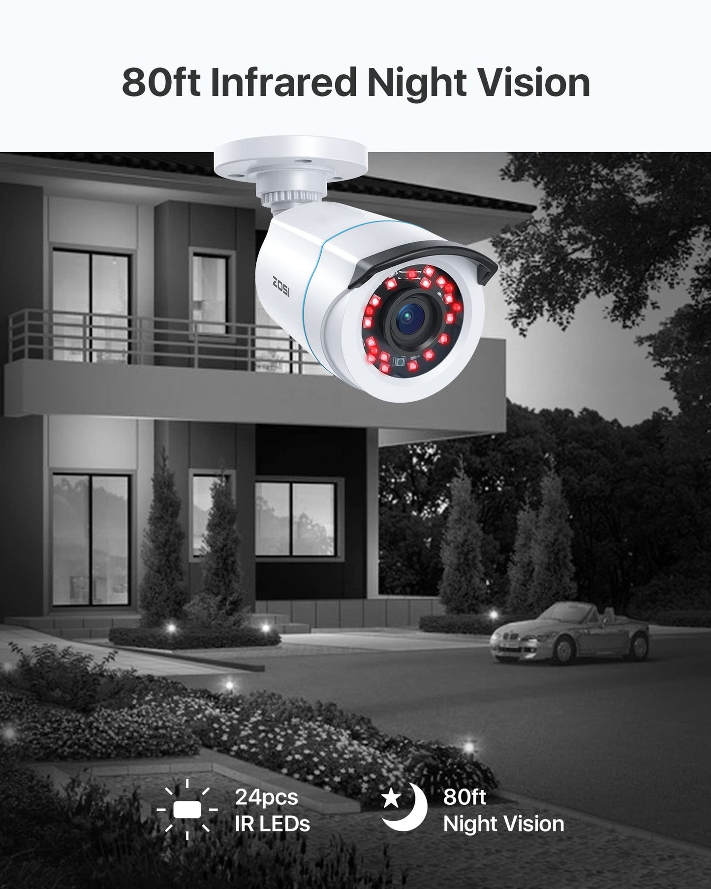 ZOSI 4-piece 2MP 1080P outdoor video surveillance camera set with power supply and video cable, 1080P TVI HD BNC output, for indoor and outdoor use, additional camera for CCTV DVR system.