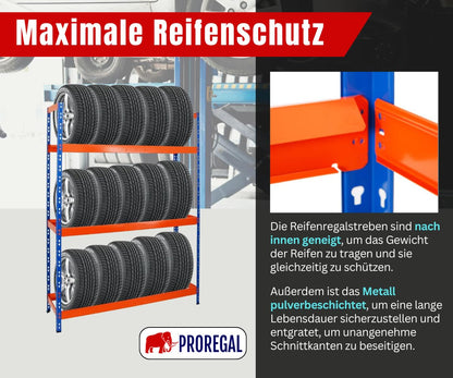 PROREGAL Tire Rack Tiger XL | HxWxD 200x150x45 cm | 300kg shelf load | up to 18 tires (205/55 R16) | Blue/Orange | Workshop Shelf, Storage Shelf, Basement Shelf