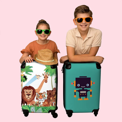 NoBoringSuitcases.com® Kids' carry-on suitcase featuring fun trolli gifts inspired jungle design with a tiger and lion. Dimension: 55x35x20cm.