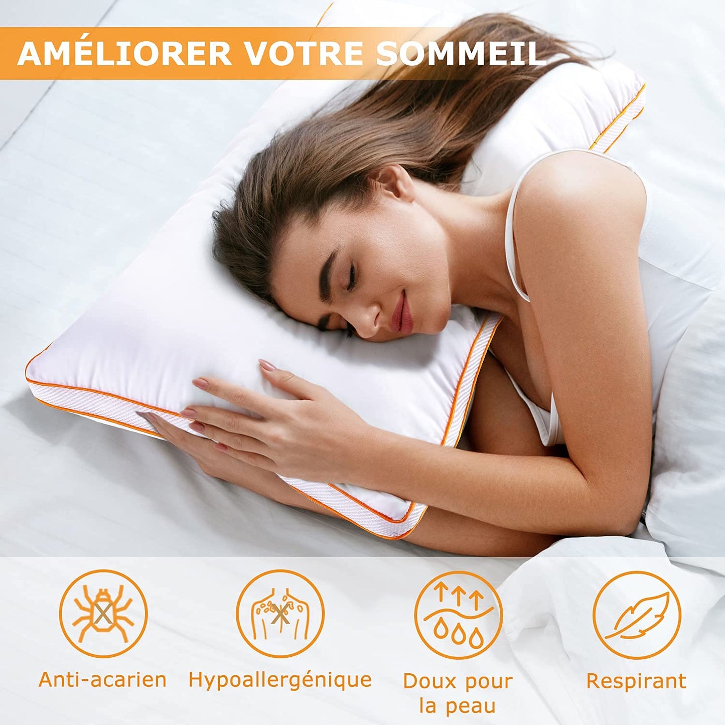 Maxzzz pillows, 65 x 65 cm, 2 pieces, anti-mite, anti-sweat, hypoallergenic, soft pillow, 100% polyester fiber, breathable, comfort and effective support.