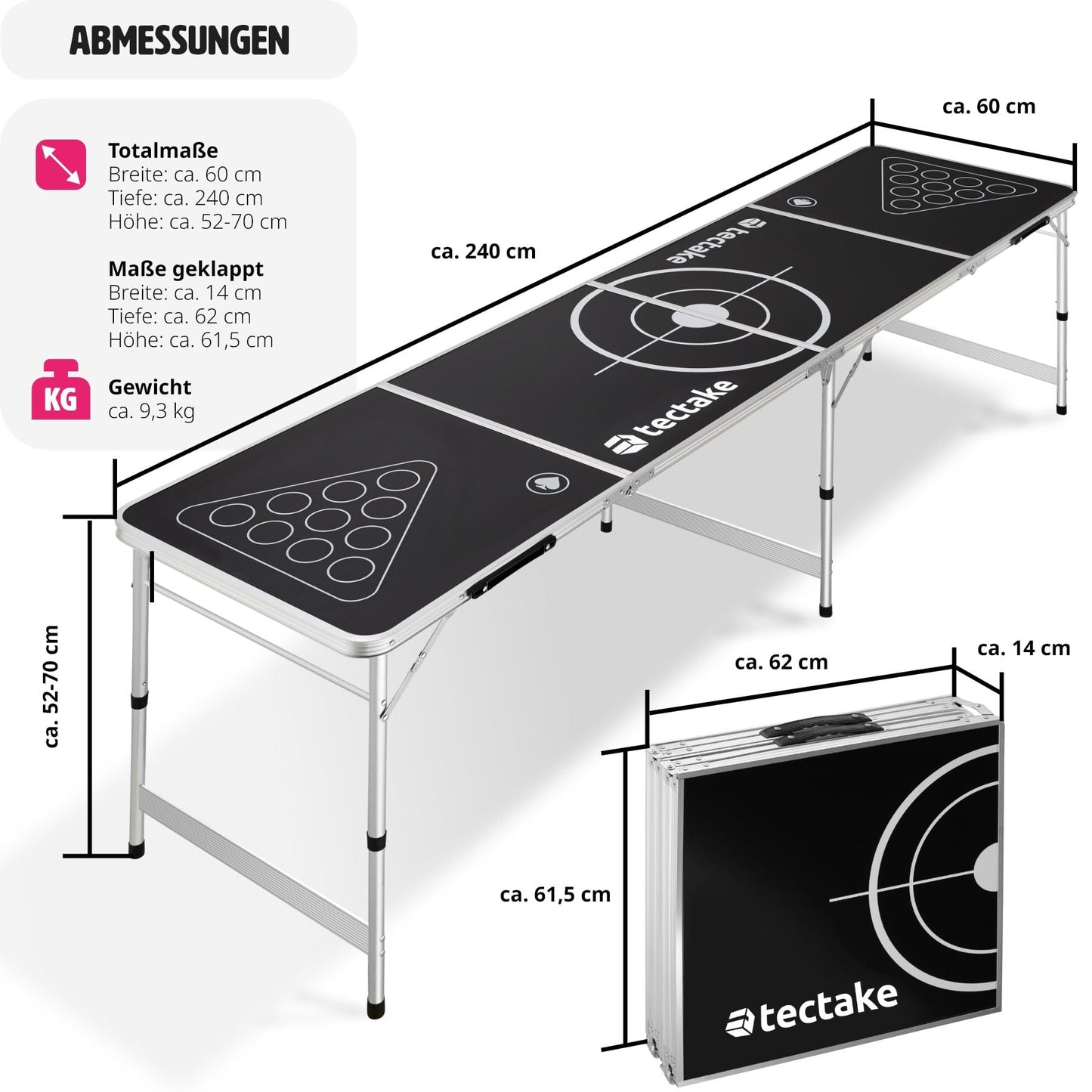 tectake® Beer Pong Table, includes 100 cups (50 red & 50 blue) and 6 balls, adjustable height, foldable table with carrying handles, adult party games, drinking game.