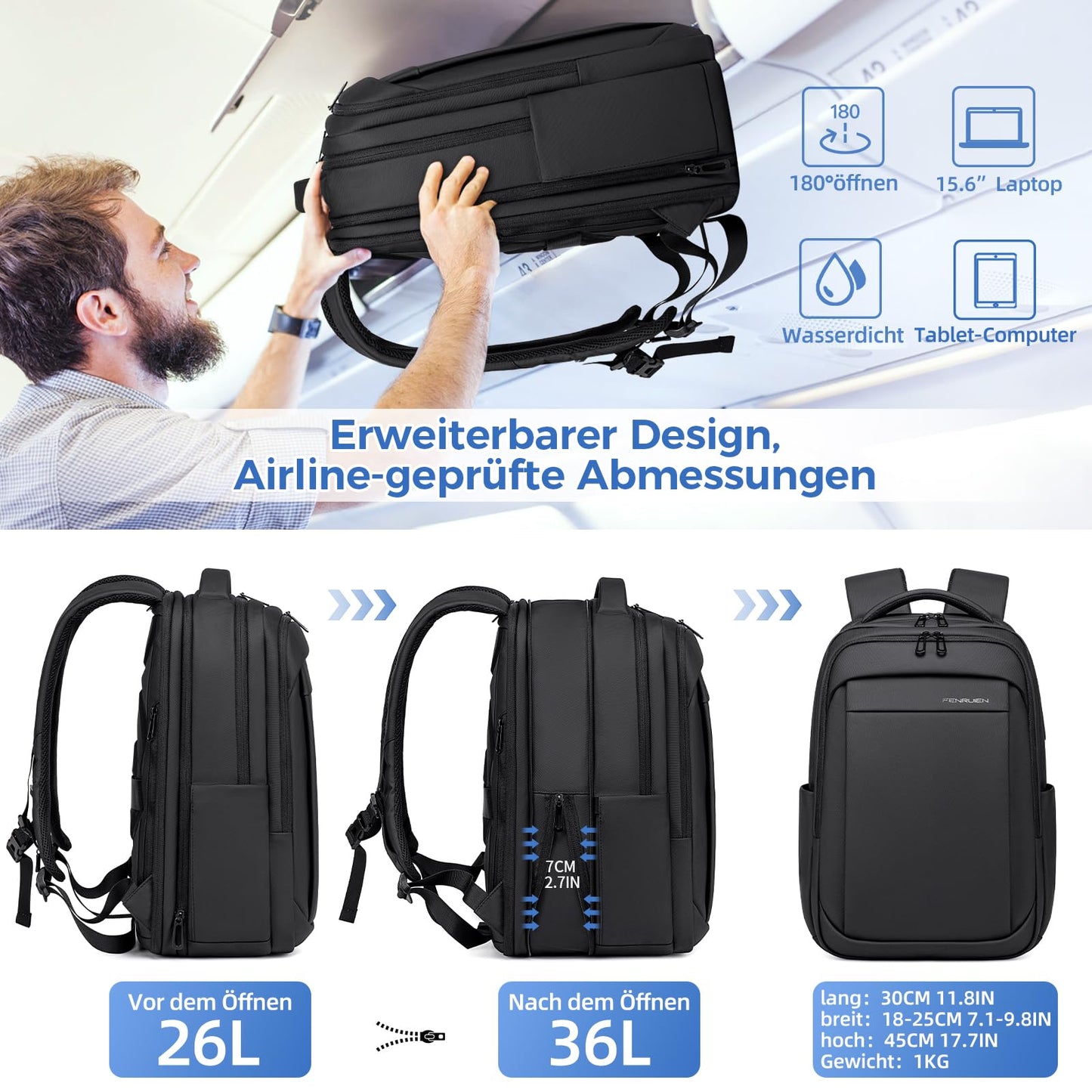 Fenree.geer Backpack Men - Carry-On Backpack 15.6-Inch Laptop Backpack Expandable (Waterproof & Anti-Theft) - Elegant Laptop Bag for Office, Travel, Commuting, and School - Unisex Design