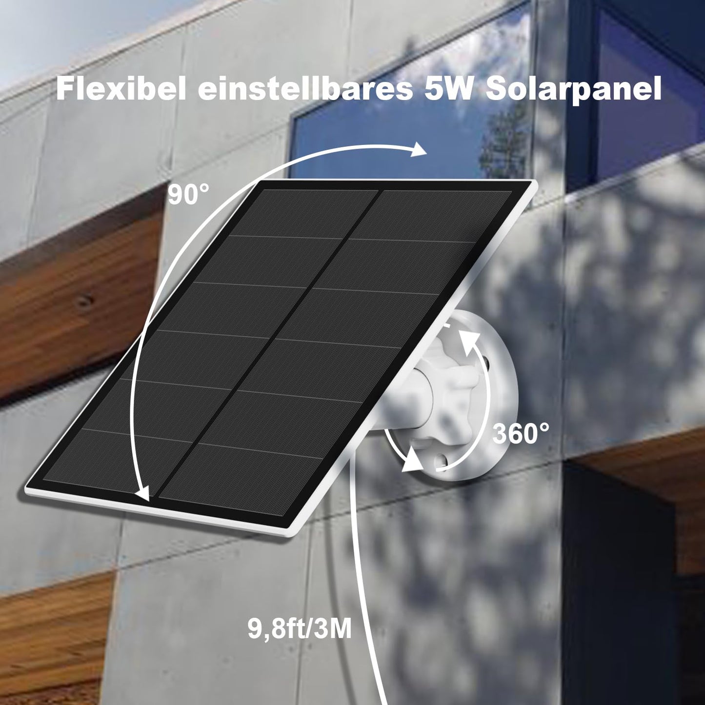 5W solar panel for surveillance camera, camera solar module for DC 5V outdoor battery camera, with micro-USB connection, USB-C adapter, adjustable bracket, 9.8ft cable, 1 pack.