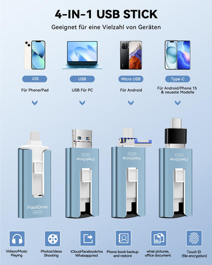GNASEET USB stick 256GB for iPhone, 4 in 1 USB flash drive for iPhone/iPad/Android phone/PC, USB 3.0 memory stick high-speed flash drive, iPhone external storage expansion photo stick, blue.