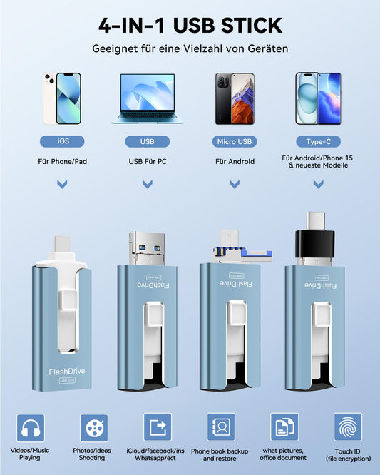 GNASEET USB stick 256GB for iPhone, 4 in 1 USB flash drive for iPhone/iPad/Android phone/PC, USB 3.0 memory stick high-speed flash drive, iPhone external storage expansion photo stick, blue.